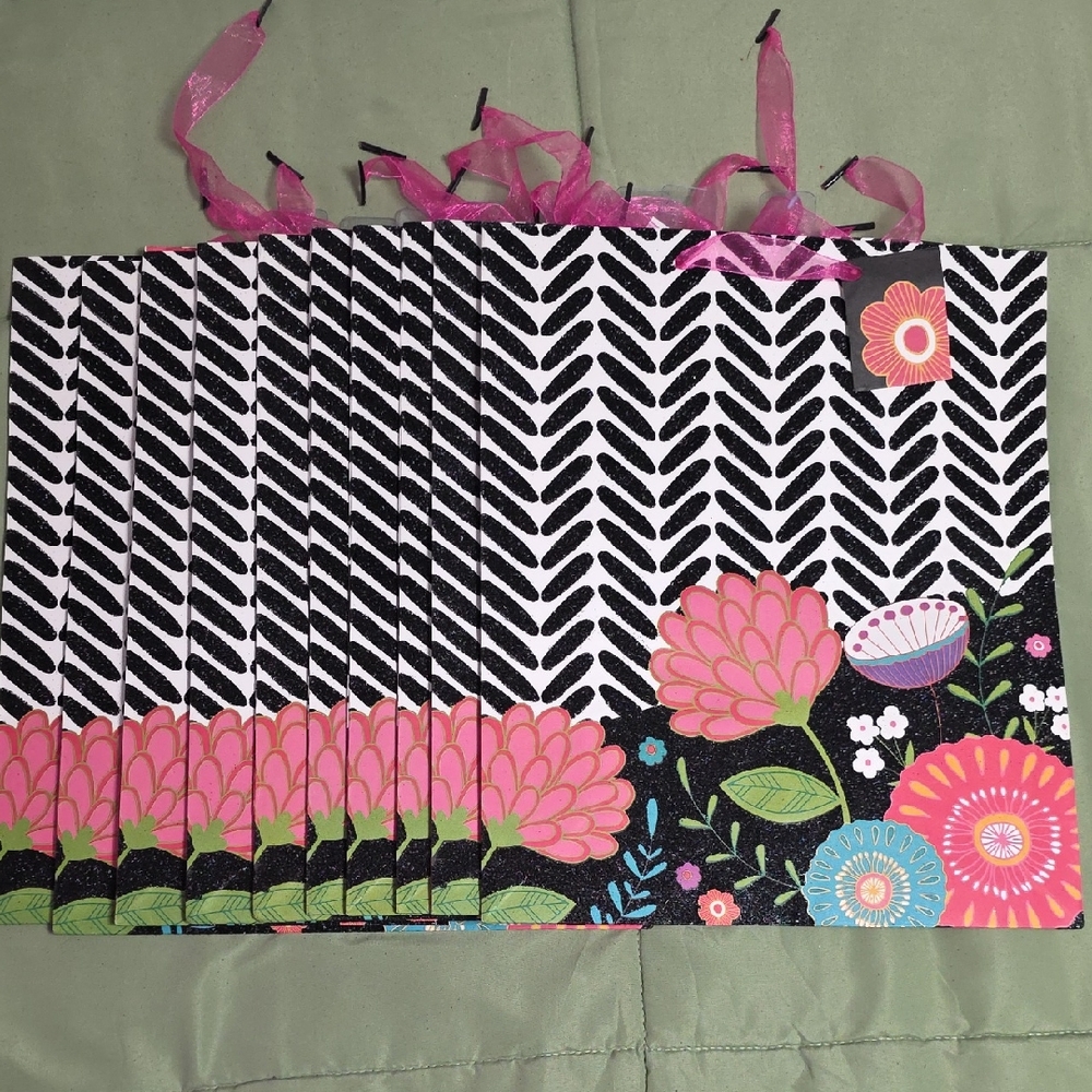 Floral Black & White Stripe All Occasion Large Gift Bags - Set of 10